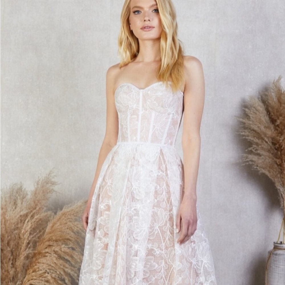 NADINE MERABI Strapless White Lace Dress